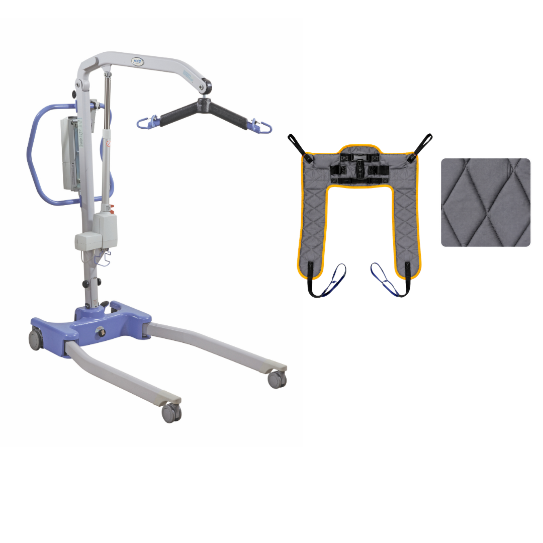 A compact Joerns Hoyer Advance Professional Electric Patient Lift with a blue and gray frame, a gray sling attachment, and a folded gray fabric sling accessory is shown on a white background—ideal for efficient, safe patient transfer. This model offers features similar to the Hoyer Advance Lift for added convenience in various care environments.